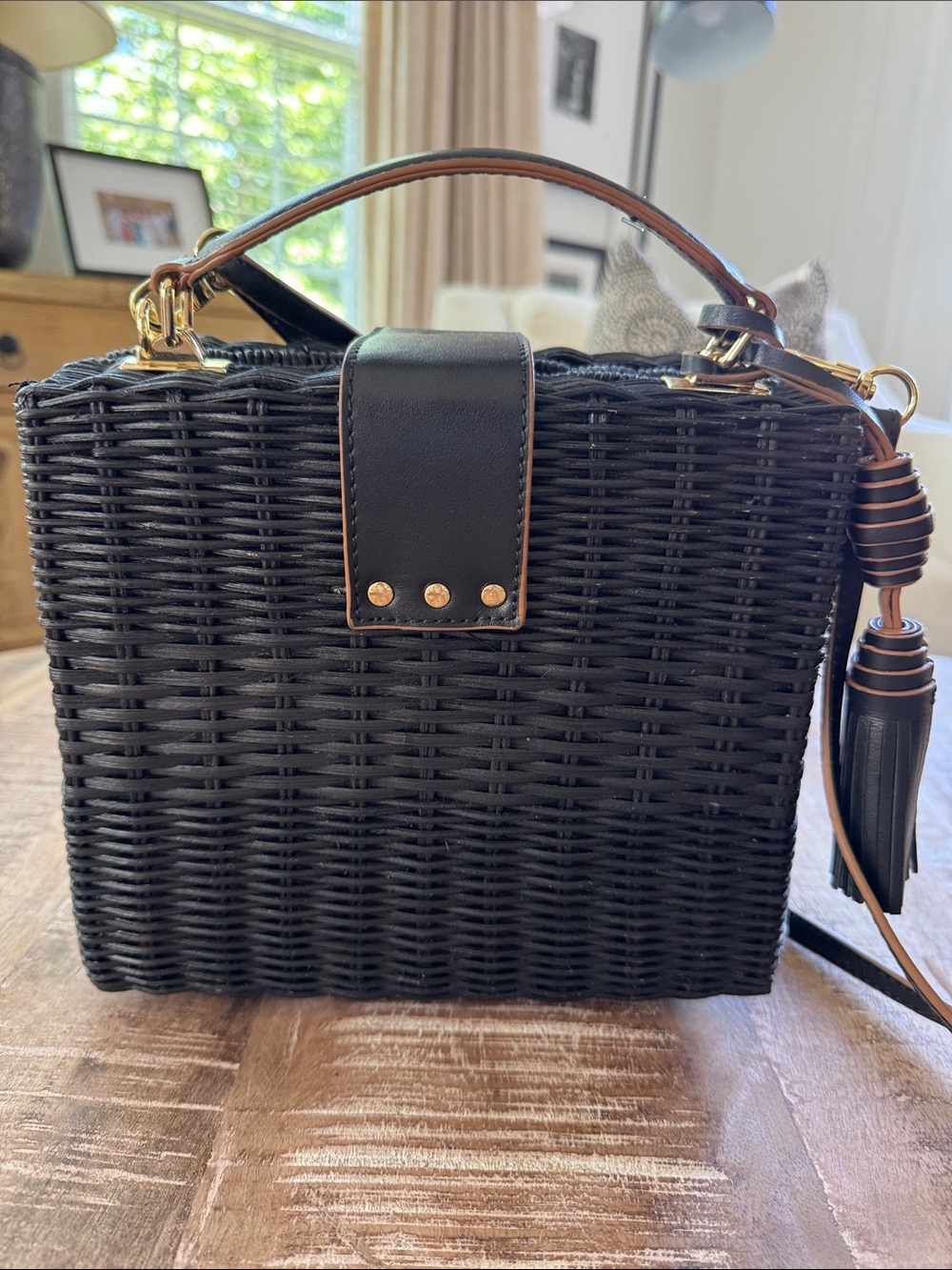 Spartina 449 Rattan Box Bag Black Crossbody Top Handle - Picture 5 of 14